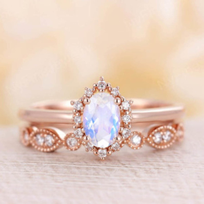 Blaues natürliches Moonstone Ring Set, 14K Rose Gold Moonstone Stacking Rings