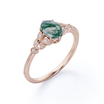 Marquis-Form mit Filigran geschmückter Zinken-Verlobungsring Milgrain eiförmiger natürlicher Druzy Moss Green Agate And Moissanite Gruppen-6