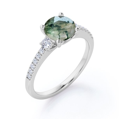 Verlobungsring runde Form-natürlicher transparenter Baum-Moss Green Agate And Moissanites 3-Stone
