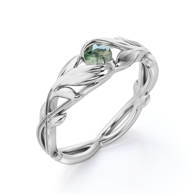 Rundschnitt-Moss Green Agate Leafy Single-Steinverlobungsring im Weißgold