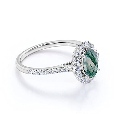 Ovale Moss Agate Moissanite Diamonds Floral-Halo-Verpflichtung Ring Green Gemstone