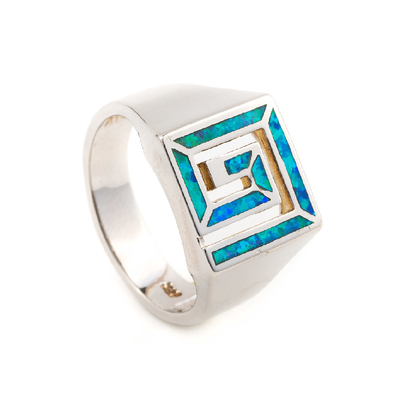 Retro- Gitterwerk oder griechisches Schlüsselentwurfs-Quadrat Opal Ring For Women