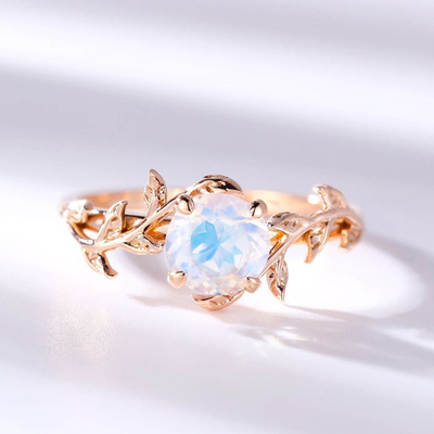 Blatt-Blumen-Rundschnitt 14K Rose Gold Moonstone Wedding Rings