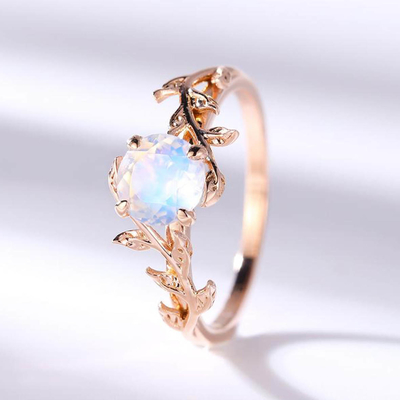 Blatt-Blumen-Rundschnitt 14K Rose Gold Moonstone Wedding Rings