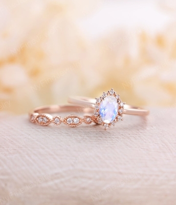 Blaues natürliches Moonstone Ring Set, 14K Rose Gold Moonstone Stacking Rings