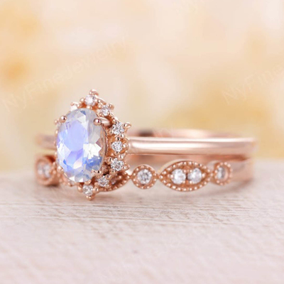 Blaues natürliches Moonstone Ring Set, 14K Rose Gold Moonstone Stacking Rings