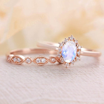 Blaues natürliches Moonstone Ring Set, 14K Rose Gold Moonstone Stacking Rings