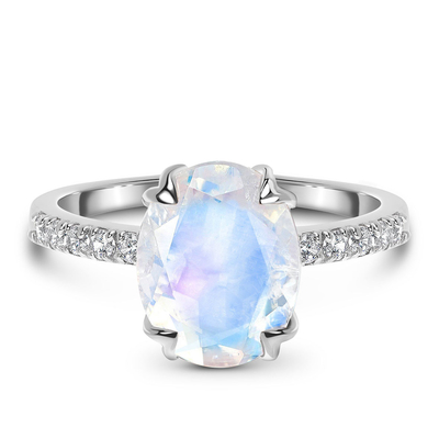 Oval des Weißgold-14K schnitt Ringe Moonstone-Verpflichtungs-Frauen-Jahrestags-Ring Withs CZ