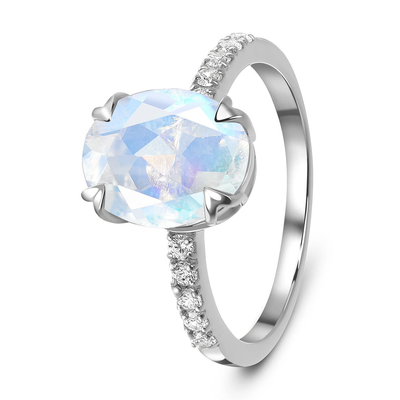Oval des Weißgold-14K schnitt Ringe Moonstone-Verpflichtungs-Frauen-Jahrestags-Ring Withs CZ