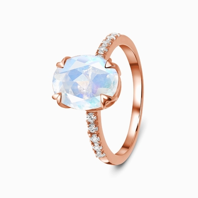 Oval des Weißgold-14K schnitt Ringe Moonstone-Verpflichtungs-Frauen-Jahrestags-Ring Withs CZ
