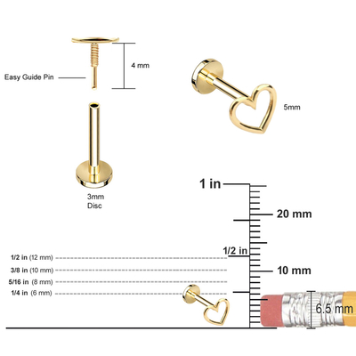 Gold 14K umriß Herz-Ohr-Durchdringen-Schmuck verlegten Flachrücken-Bolzen