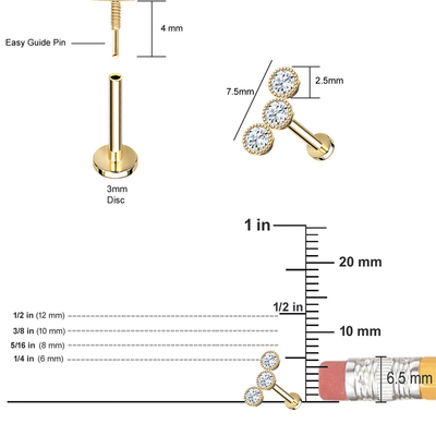 Gold Milgrain-Dreiergruppen-Einfassung verlegtes Flachrücken-Bolzen-natürliches Diamond Piercing Jewelrys 14K