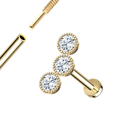 Gold Milgrain-Dreiergruppen-Einfassung verlegtes Flachrücken-Bolzen-natürliches Diamond Piercing Jewelrys 14K