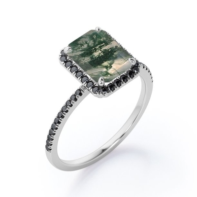 Halo-ähnlicher Emerald Cut Moss Green-Achat mit Labor geschaffener Verpflichtung Ring With Pave Accents