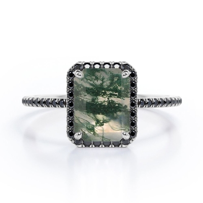 Halo-ähnlicher Emerald Cut Moss Green-Achat mit Labor geschaffener Verpflichtung Ring With Pave Accents