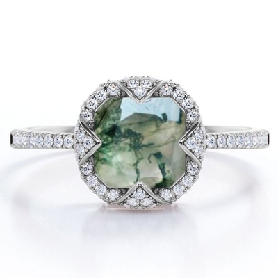 Halo-Einfassungs-Gruppe Asscher schnitt undurchsichtigen milchigen Moss Green-Achat und Moissanite pflastern Verlobungsring