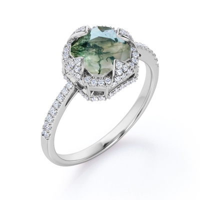 Halo-Einfassungs-Gruppe Asscher schnitt undurchsichtigen milchigen Moss Green-Achat und Moissanite pflastern Verlobungsring