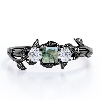 Niederlassungs-Blatt-Entwurfs-Karat-Prinzessin Cut Milky White Moss Green Agate und Moissanite-Überzug über Silber