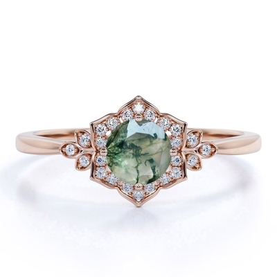 Zinken-Runde des Weinlese-Entwurfs-4 formen milchigen weißen gruppen-Verlobungsring Druzy Moss Green Agate And Moissanite Blumen