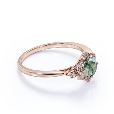 Zinken-Runde des Weinlese-Entwurfs-4 formen milchigen weißen gruppen-Verlobungsring Druzy Moss Green Agate And Moissanite Blumen