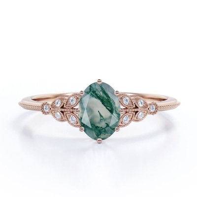 Marquis-Form mit Filigran geschmückter Zinken-Verlobungsring Milgrain eiförmiger natürlicher Druzy Moss Green Agate And Moissanite Gruppen-6