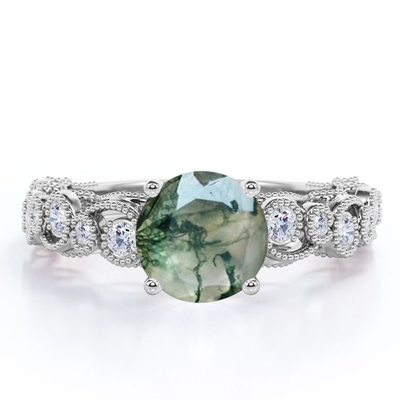 Mit Filigran geschmücktes Erröten Milgrain ringsum echte Zinken-antiken Art-Verlobungsring Druzy Moss Green Agate And Moissanite 4