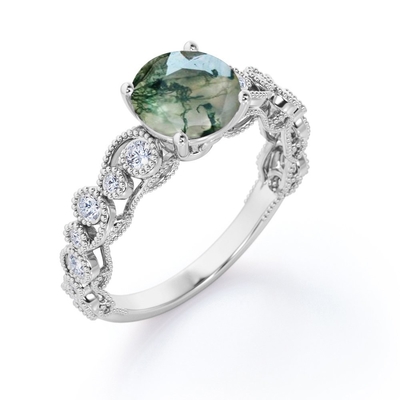 Mit Filigran geschmücktes Erröten Milgrain ringsum echte Zinken-antiken Art-Verlobungsring Druzy Moss Green Agate And Moissanite 4