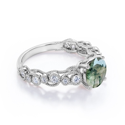 Mit Filigran geschmücktes Erröten Milgrain ringsum echte Zinken-antiken Art-Verlobungsring Druzy Moss Green Agate And Moissanite 4