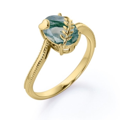 Karat-Oval der Blatt-und Herz-Zinken-1 schnitt milchigen Baum-Moss Green Agate Milgrain Edge-Patience-Verlobungsring in 18K Y