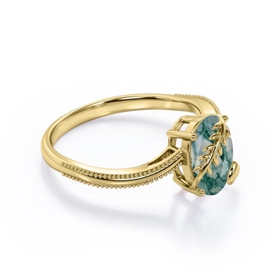 Karat-Oval der Blatt-und Herz-Zinken-1 schnitt milchigen Baum-Moss Green Agate Milgrain Edge-Patience-Verlobungsring in 18K Y