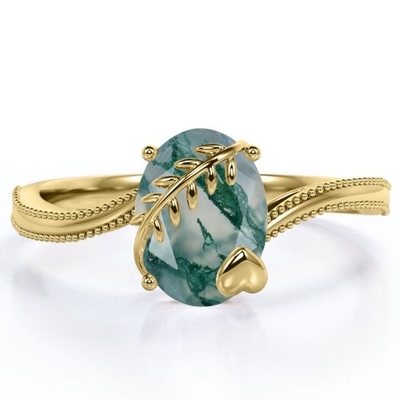 Karat-Oval der Blatt-und Herz-Zinken-1 schnitt milchigen Baum-Moss Green Agate Milgrain Edge-Patience-Verlobungsring in 18K Y