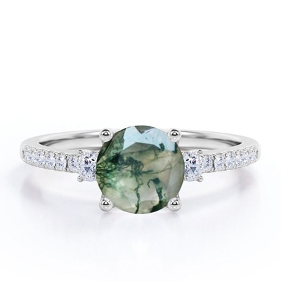 Verlobungsring runde Form-natürlicher transparenter Baum-Moss Green Agate And Moissanites 3-Stone