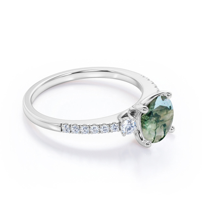Verlobungsring runde Form-natürlicher transparenter Baum-Moss Green Agate And Moissanites 3-Stone