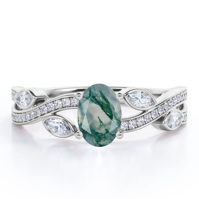 Übergang über geformtem undurchsichtigem milchigem mit Filigran geschmücktem Verlobungsring Moss Green-Achat-Verpflichtungs-Ring Ins 18K