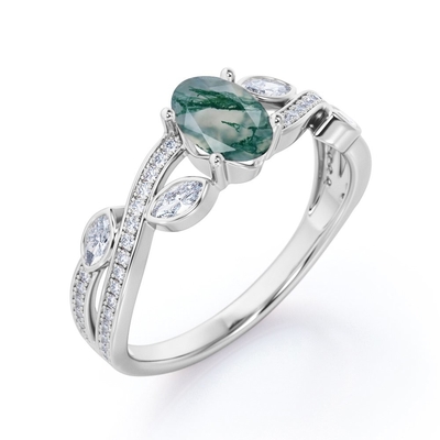 Karat des Steins 1,1 des Klassiker-7 ovaler Schnitt Moss Green Agate und einfacher Schaft-Ehering im Weißgold