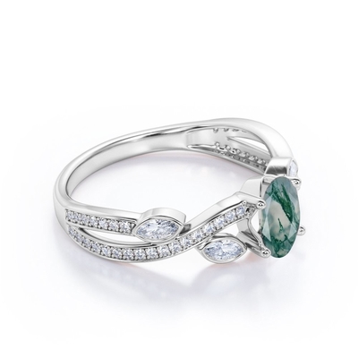 Übergang über geformtem undurchsichtigem milchigem mit Filigran geschmücktem Verlobungsring Moss Green-Achat-Verpflichtungs-Ring Ins 18K