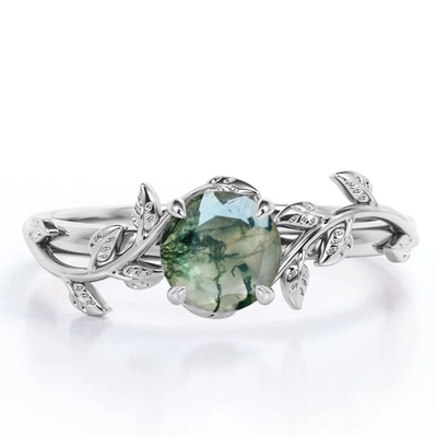 Karat des Steins 1,1 des Klassiker-7 ovaler Schnitt Moss Green Agate und einfacher Schaft-Ehering im Weißgold