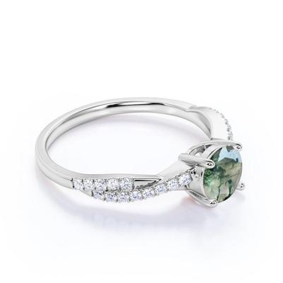 Mit Filigran geschmücktes Karat Chevron-Tiara 0,6 Rundschnitt Moss Green Agate und CZ-Hochzeit Ring Set in Rose Gold