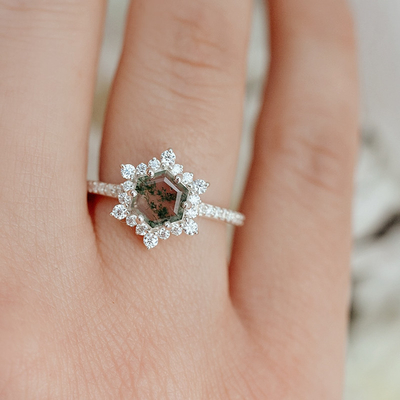 Schneeflocken-Hexagon Moss Agate Ring mit Moissanites für Frauen