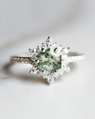 Schneeflocken-Hexagon Moss Agate Ring mit Moissanites für Frauen