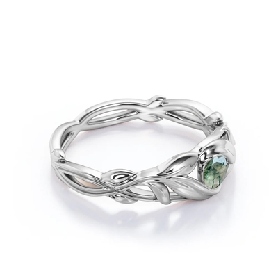Rundschnitt-Moss Green Agate Leafy Single-Steinverlobungsring im Weißgold