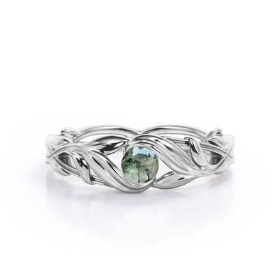 Rundschnitt-Moss Green Agate Leafy Single-Steinverlobungsring im Weißgold