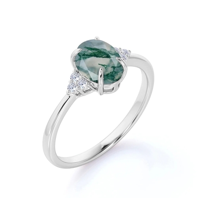 Karat des Steins 1,1 des Klassiker-7 ovaler Schnitt Moss Green Agate und einfacher Schaft-Ehering im Weißgold
