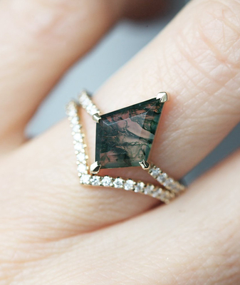 Große Hexagon-Moss Agate Statement-Hochzeits-Gruppe Ring Set