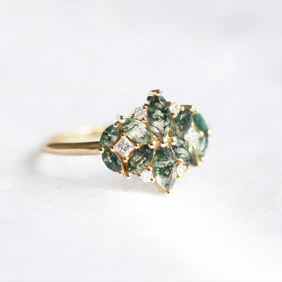 Natürlicher Moss Agate Flower Shape Marquise-Blüte CZ-Hochzeits-Gruppen-Ring