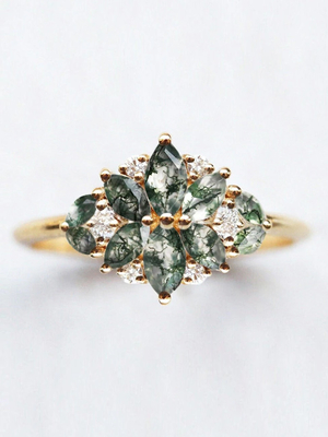 Natürlicher Moss Agate Flower Shape Marquise-Blüte CZ-Hochzeits-Gruppen-Ring