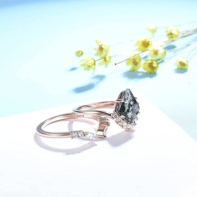 Große Hexagon-Moss Agate Statement-Hochzeits-Gruppe Ring Set