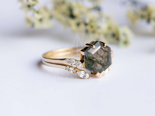 Große Hexagon-Moss Agate Statement-Hochzeits-Gruppe Ring Set