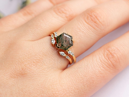 Große Hexagon-Moss Agate Statement-Hochzeits-Gruppe Ring Set