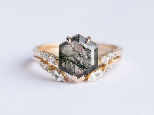 Drachen-Form-Stein natürlicher Moss Agate Engagement Ring Vintage Art Deco Gift Love